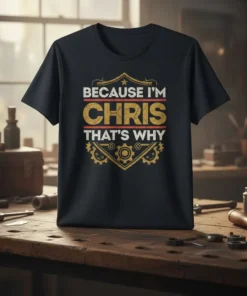 Black t-shirt with bold white and gold text reading "Because I'm Chris That's Why" featuring gear graphics