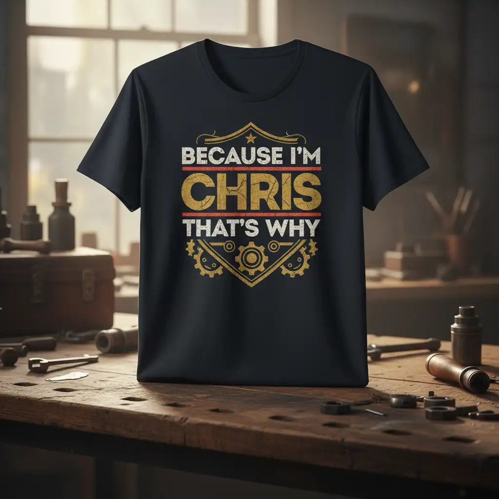 Because I'm Chris That's Why quote on a black t-shirt with vintage distressed typography and gear accents