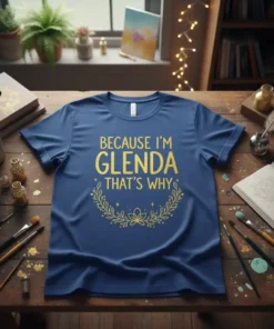 Blue t-shirt with gold glitter text "Because I'm Glenda That's Why" in a laurel wreath design