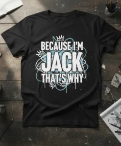 Black t-shirt with white and blue graffiti-style text that reads "BECAUSE I'M JACK THAT'S WHY" for the name Jack