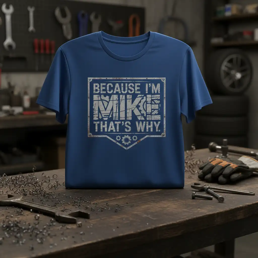 Because I'm Mike That's Why quote with distressed gear graphics on a blue t-shirt for Mikes