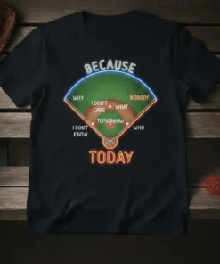 Baseball field design with text Because Why I Don't Care Tomorrow I Don't Know Nobody What Who Today, neon effect