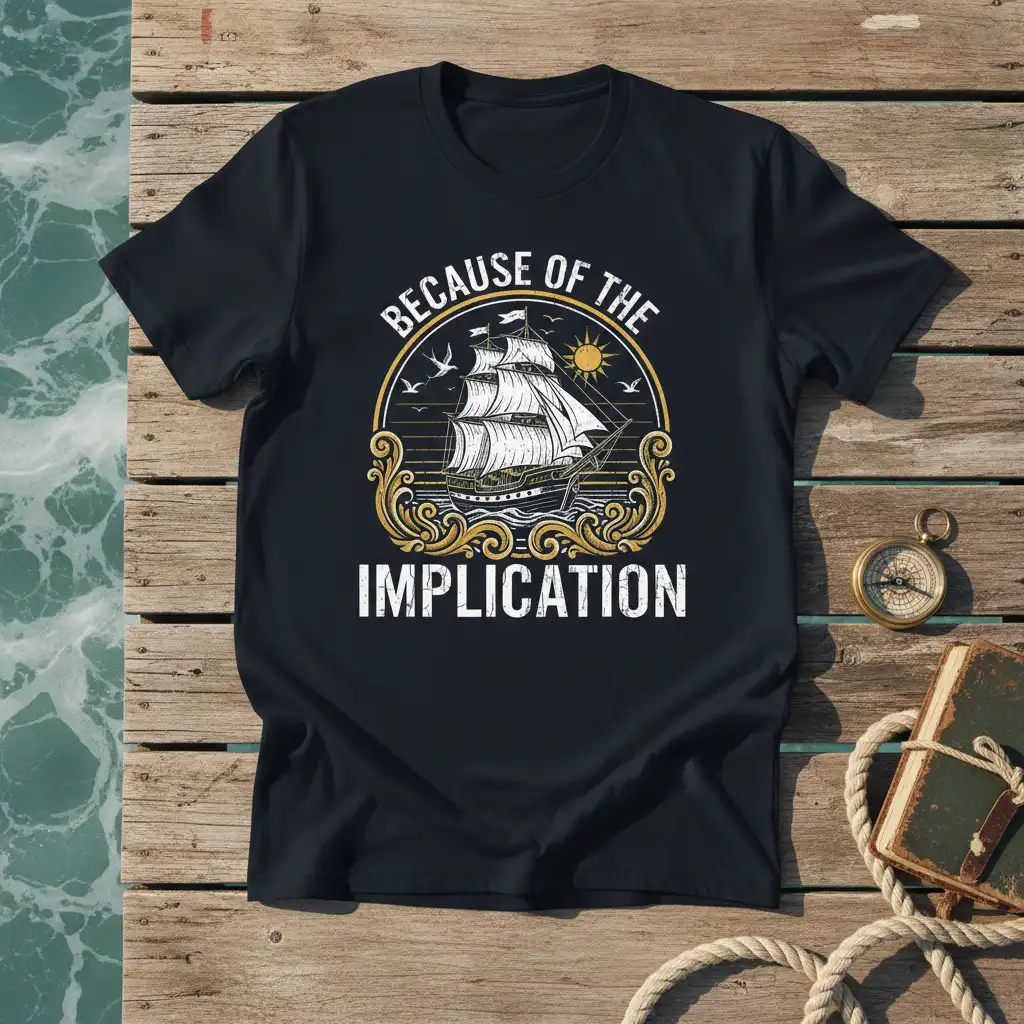 Because Of The Implication quote with vintage sailing ship graphic on a black t-shirt