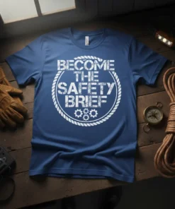 Blue t-shirt with white distressed text "BECOME THE SAFETY BRIEF" inside a rope circle, featuring gears at the bottom