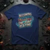 Becoming Bionic One Joint At A Time text with robotic arm graphics on a navy blue t-shirt