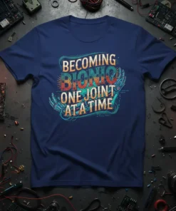 Becoming Bionic One Joint At A Time text with robotic arm graphics on a navy blue t-shirt