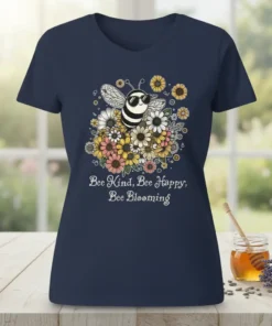Bee Kind, Bee Happy, Bee Blooming eye-catching graphic design printed on comfortable cotton t-shirt