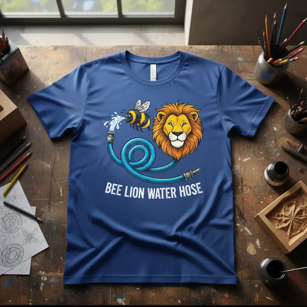 Bee Lion Water Hose text design with a bee spraying water from a hose at a lion graphic