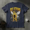 Bee Strong T-Shirt design featuring a muscular cartoon bee lifting a barbell, with yellow text and honeycomb graphics