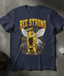 Bee Strong T-Shirt design featuring a muscular cartoon bee lifting a barbell, with yellow text and honeycomb graphics
