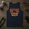 Beefcake text above a steak with muscular arms lifting dumbbells, on a navy tank top