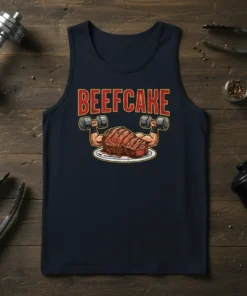 Beefcake text above a steak with muscular arms lifting dumbbells, on a navy tank top