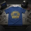 Beefy Queen t-shirt with gold text and lion graphics holding wrenches