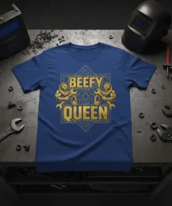 Beefy Queen t-shirt with gold text and lion graphics holding wrenches