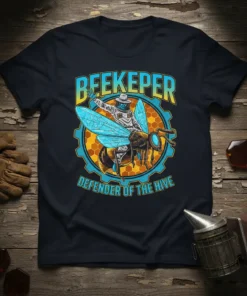 Beekeeper Defender Of The Hive t-shirt design featuring a beekeeper riding a bee with hexagonal patterns and text