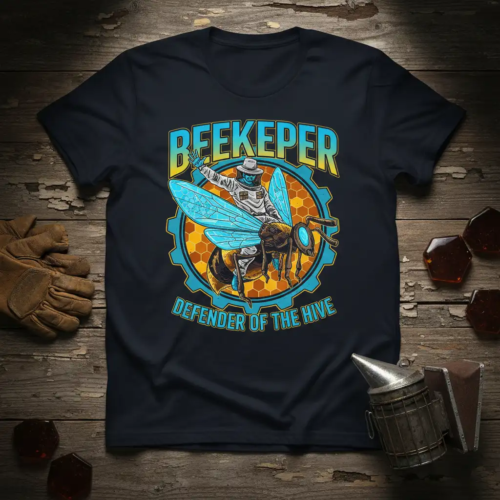 BEEKEEPER DEFENDER OF THE HIVE text on t-shirt with beekeeper riding a bee graphic