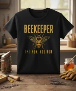 Black t-shirt with yellow text "BEEKEEPER IF I RUN, YOU RUN" and a detailed bee graphic
