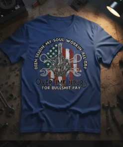 T-shirt design with text "Been Sellin' My Soul Workin' All Day Overtime Hours For Bullshit Pay" and a skeleton middle