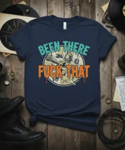 Navy t-shirt with "Been There Fuck That" text in distressed turquoise and orange, featuring music icons like a microphone and