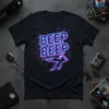 Beep Beep neon graphic tee featuring a stylized cartoon roadrunner and retro geometric patterns