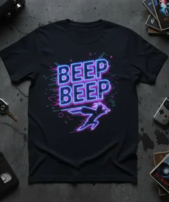 Beep Beep neon graphic tee featuring a stylized cartoon roadrunner and retro geometric patterns