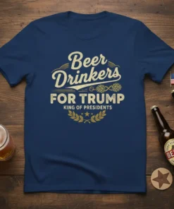 Beer Drinkers FOR TRUMP KING OF PRESIDENTS text with hop graphics on a navy t-shirt