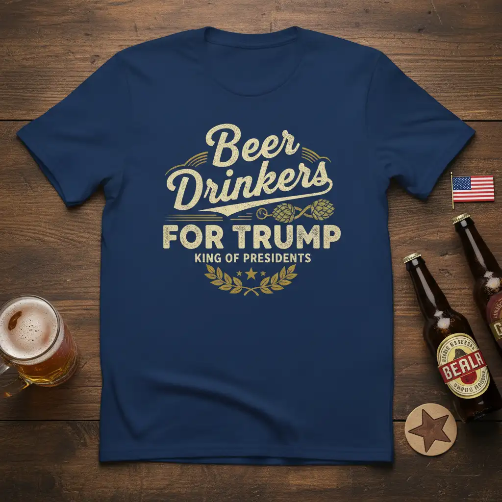 Beer Drinkers FOR TRUMP KING OF PRESIDENTS graphic with hops and laurel wreath on a navy shirt