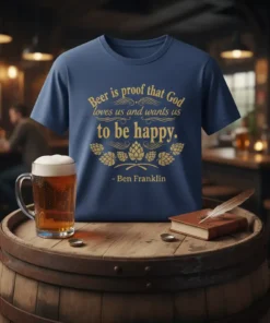 Beer is proof that God loves us and wants us to be happy quote with hops graphic on navy t-shirt