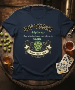 Navy t-shirt with "Hop-Tomist" design, defining it as one who believes everything is noun. better with a beer, featuring a