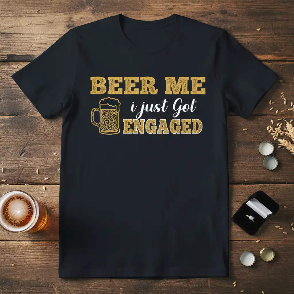BEER ME i just Got ENGAGED quote and beer mug graphic on a black t-shirt, perfect for engagement celebrations