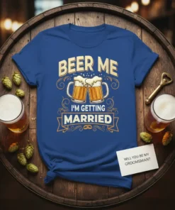 Beer Me I'm Getting Married t-shirt design with two beer mugs and wedding rings graphic