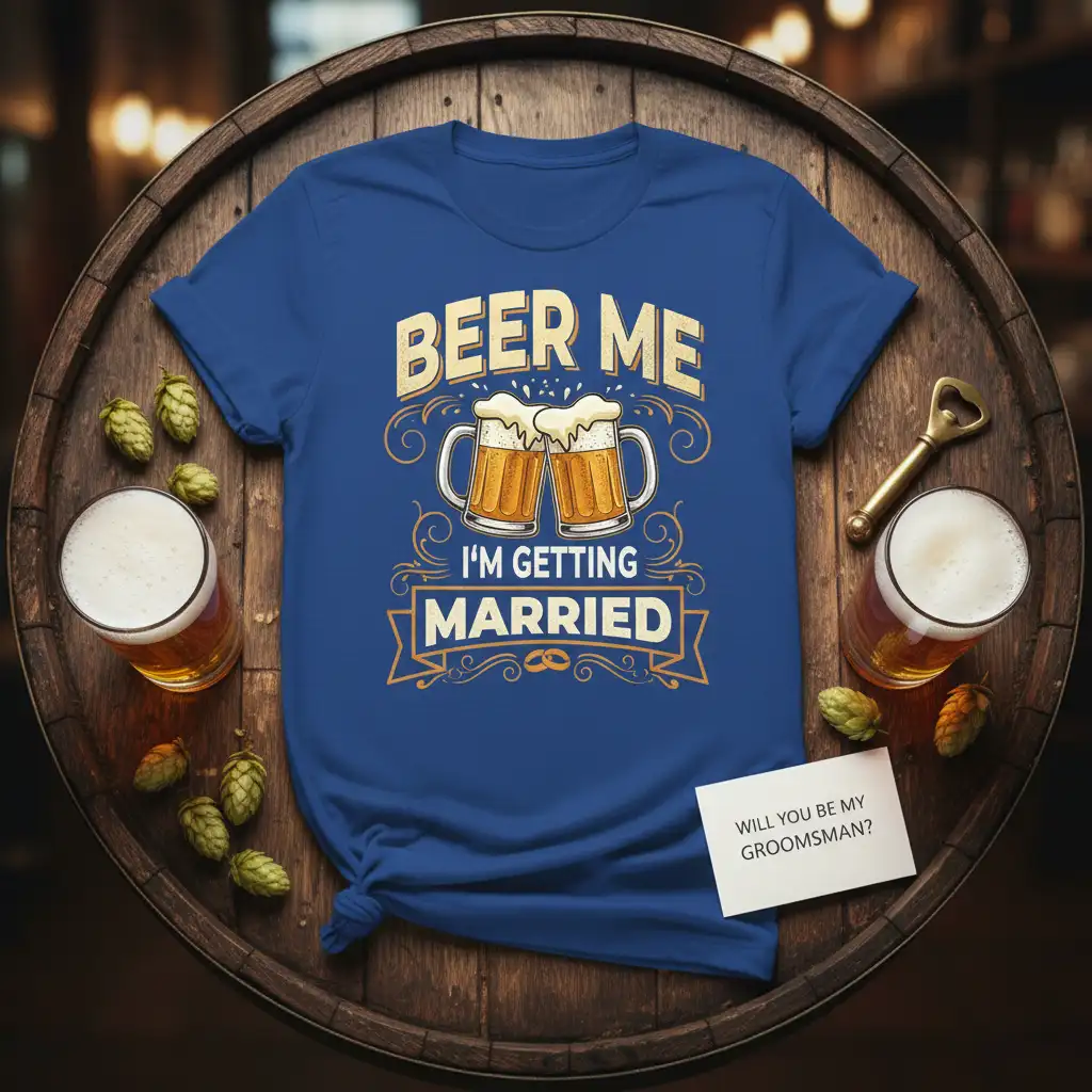 Beer Me I'm Getting Married t-shirt with two beer mugs and wedding rings graphic for groomsmen proposals