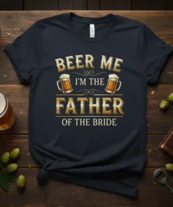 Beer Me I'm The Father Of The Bride text with beer mug graphics on a navy t-shirt
