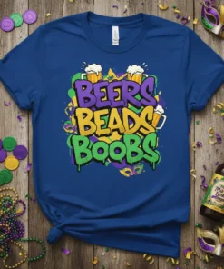 BEERS BEADS BOOBS text design with Mardi Gras masks and beer mugs, printed on a royal blue t-shirt