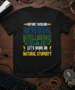 T-shirt with the quote "Before Tackling Artificial Intelligence, Let's Work On Natural Stupidity" in colorful tech-themed font