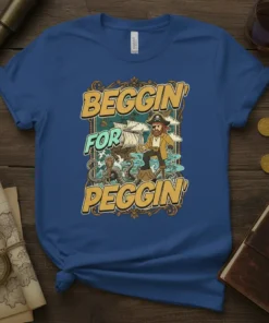Beggin' For Peggin' pirate humor t-shirt with a cartoon pirate standing on an island with tentacles and a ship in