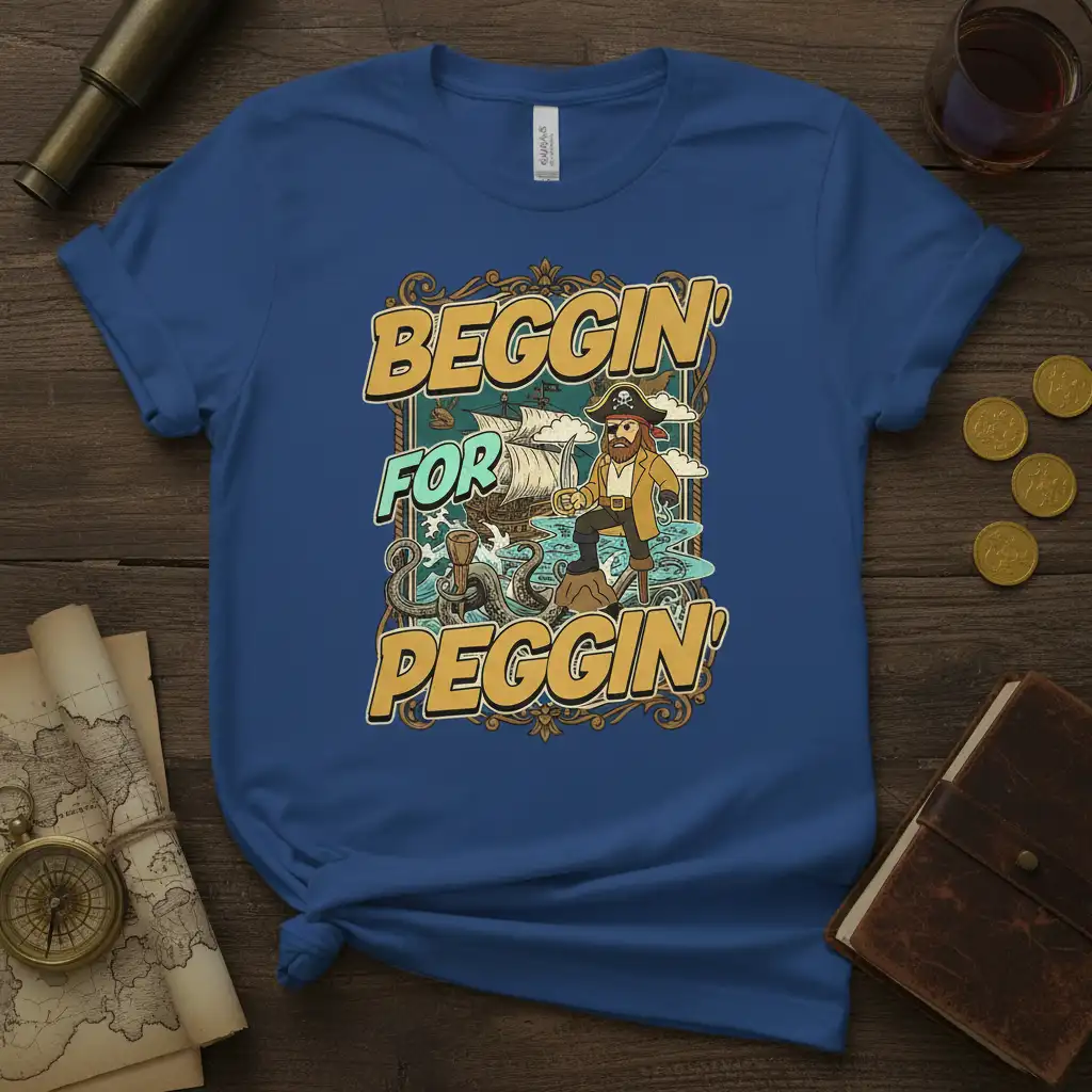 Beggin' For Peggin' quote tee featuring a cartoon pirate, ship, and kraken tentacles in a humorous nautical design