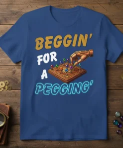 Beggin' For A Pegging' t-shirt design with a vintage mechanical hand playing a pegboard game with colorful pegs