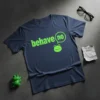 Navy t-shirt with bright green "behave no" text and a smiling frog graphic