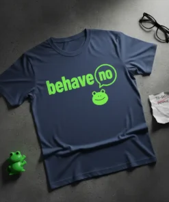 Navy t-shirt with bright green "behave no" text and a smiling frog graphic