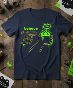 Navy blue t-shirt with "behave no" text and a cartoon frog saying "no", graphic design
