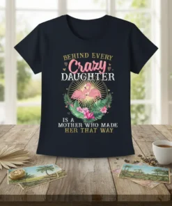 Text "Behind Every Crazy Daughter Is A Mother Who Made Her That Way" with flamingos and tropical leaves graphic on