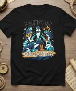 T-shirt design featuring "Behold My Orcastra" text with orcas playing musical instruments in the ocean waves