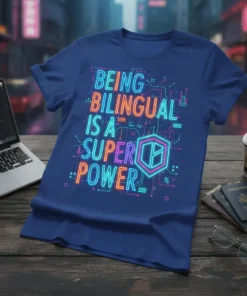 Blue t-shirt with neon text "Being Bilingual Is A Super Power" in a circuit board design, primary keyword included