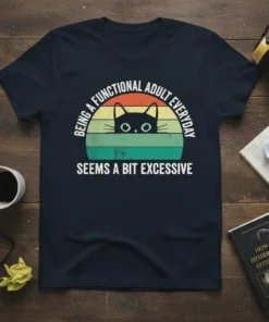 Being a Functional Adult Everyday Seems A Bit Excessive quote with a peeking cat graphic on a vintage sunset t-shirt