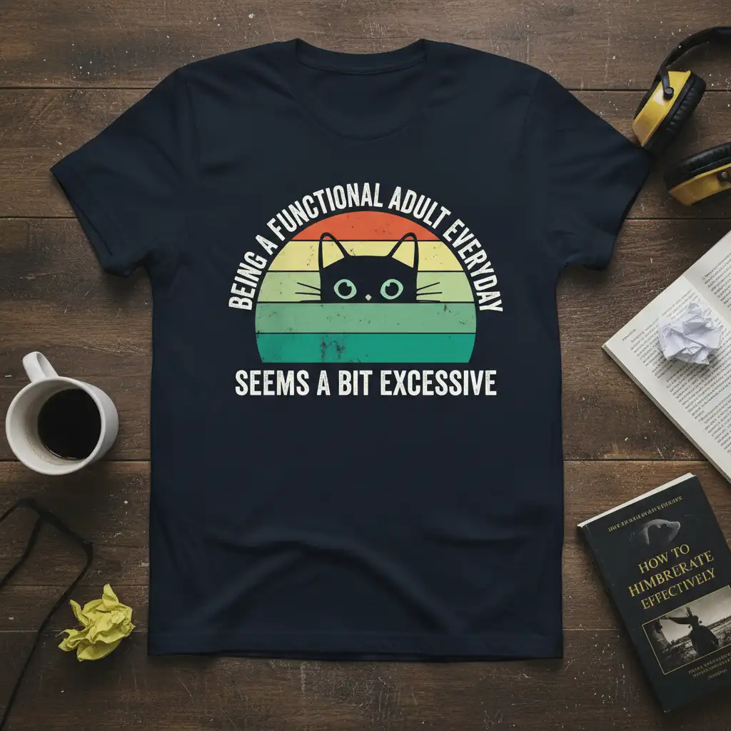 Being a Functional Adult Everyday Seems A Bit Excessive quote on a t-shirt with a peeking cat and retro sunset graphic