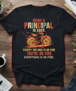 Funny principal t-shirt with "Being a Principal Is Easy" text and a bicycle on fire graphic