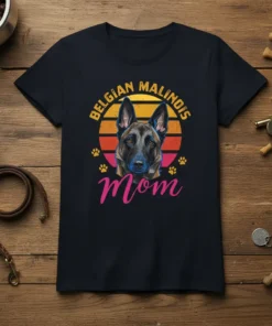 Belgian Malinois Mom T-Shirt with dog face graphic and sunset background