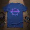 Belieber text in neon pink and blue with a soundwave graphic on a royal blue t-shirt