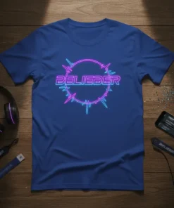 Belieber text in neon pink and blue with a soundwave graphic on a royal blue t-shirt